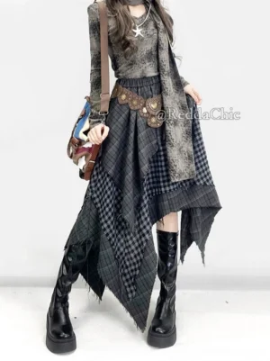 Steampunk gypsy skirt outfit styled with silver star pendant necklace, tie-dye scarf, and chunky platform black boots, front medium shot