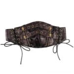 Steampunk leather half mask flat lay front view showing dark brown PU leather construction with metal grommets and golden skull ornamentation