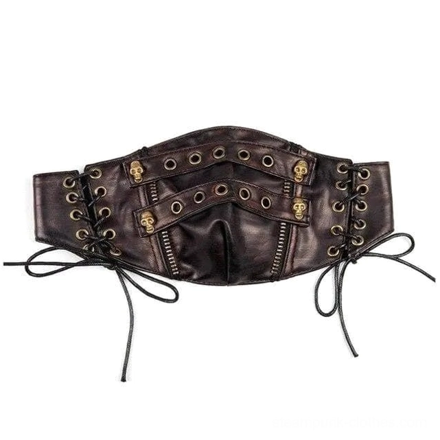 Steampunk leather half mask flat lay front view showing dark brown PU leather construction with metal grommets and golden skull ornamentation