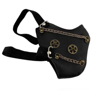 black steampunk mask with bronze chains and gear details left side angle
