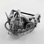 Steampunk half skull mask with aged silver faux metal texture, intricate brass gears, ornamental spikes, rivets, and decorative cross accent on the jaw, displayed on white studio background