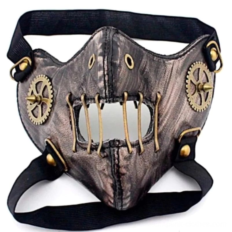 Steampunk tactical mouth mask flat lay product display - aged faux leather texture with riveted elastic straps and stitched mouth details metal gear decorations