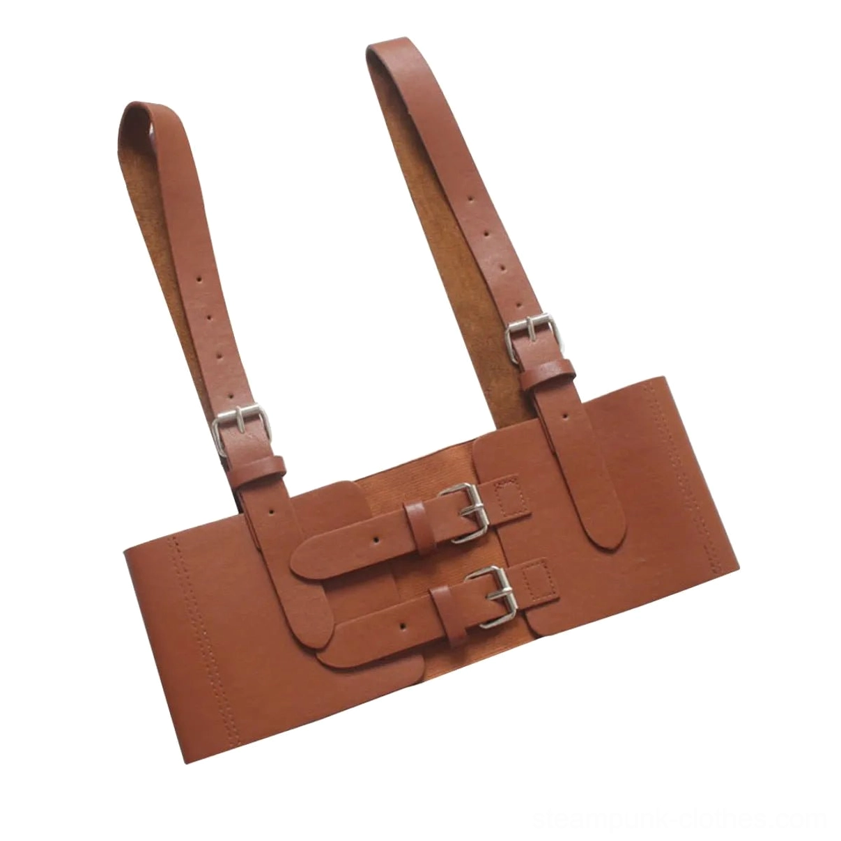 Brown leather steampunk harness belt from overhead oblique angle showing pebbled texture detail and silver-tone metal buckle construction