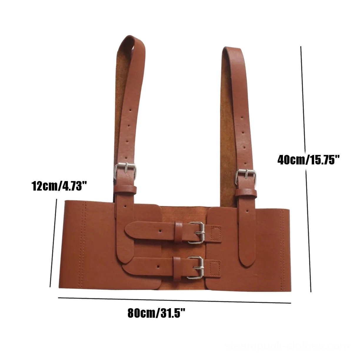 Steampunk harness belt flat lay front view showing adjustable dual buckles, size measurement markers, complete strap construction, and overall assembly design