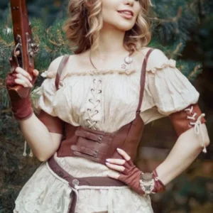 Brown leather steampunk corset belt styled with vintage lace blouse, leather gloves, and airship-captain accessories in outdoor forest setting, half-body fashion shoot