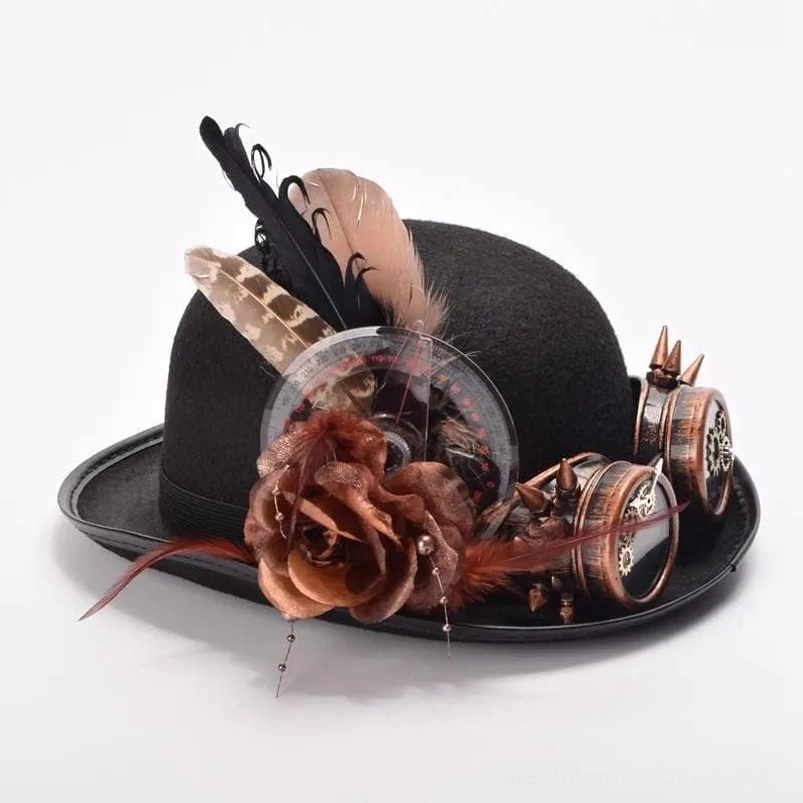 Front-side oblique view of steampunk feather hat showing complete trims including gears, feathers, and floral decorations