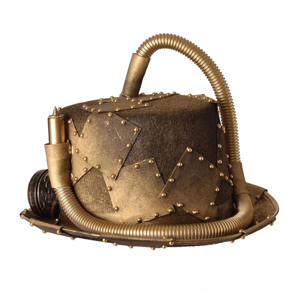 Steampunk hat rear three-quarter view showing corrugated brass tubing and riveted industrial construction