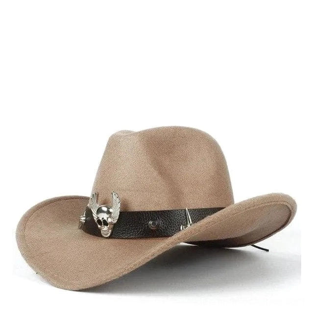 Beige tan steampunk stetson hat with skull wing decoration and studs on leather band, left three-quarter front view showing vintage western steampunk style
