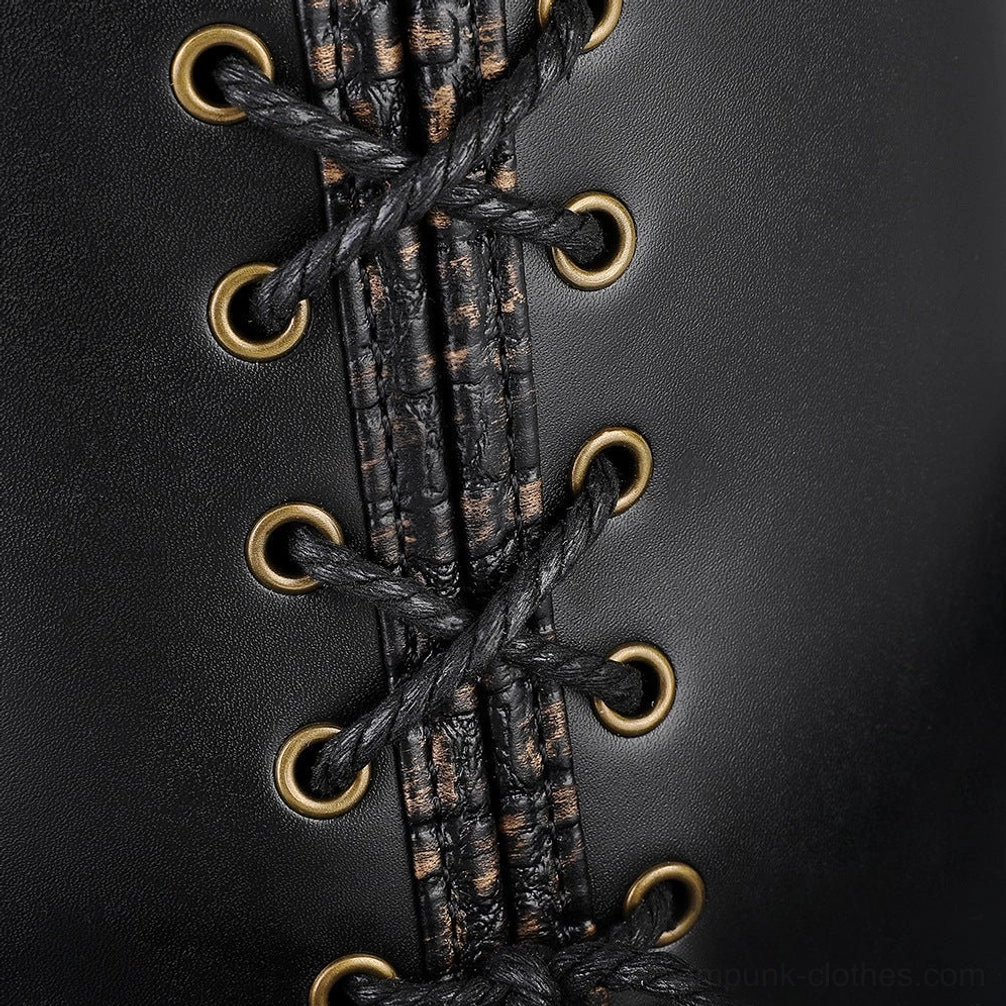 Close-up of steampunk hat lace-up section with braided black laces and brass metal eyelet fasteners