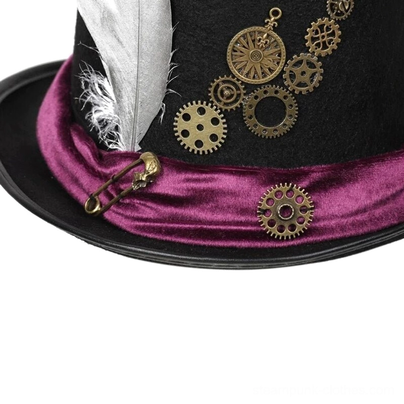 Close-up top-right view of steampunk hat showing multiple brass gears, safety pin accent, purple velvet band, and white feather embellishment