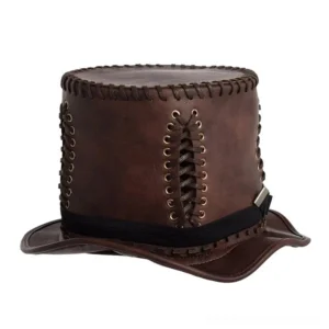 Steampunk leather top hat side three-quarter view showing hand-stitched details and black hat band