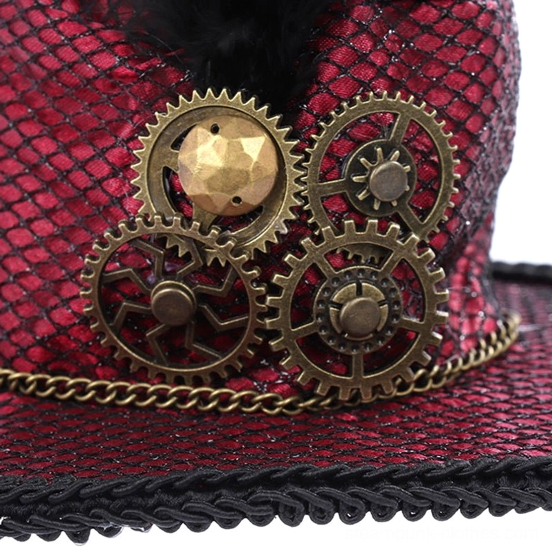 Close-up macro detail of steampunk hat, bronze multi-style gears, black feather, burgundy mesh texture, metal chain embellishments