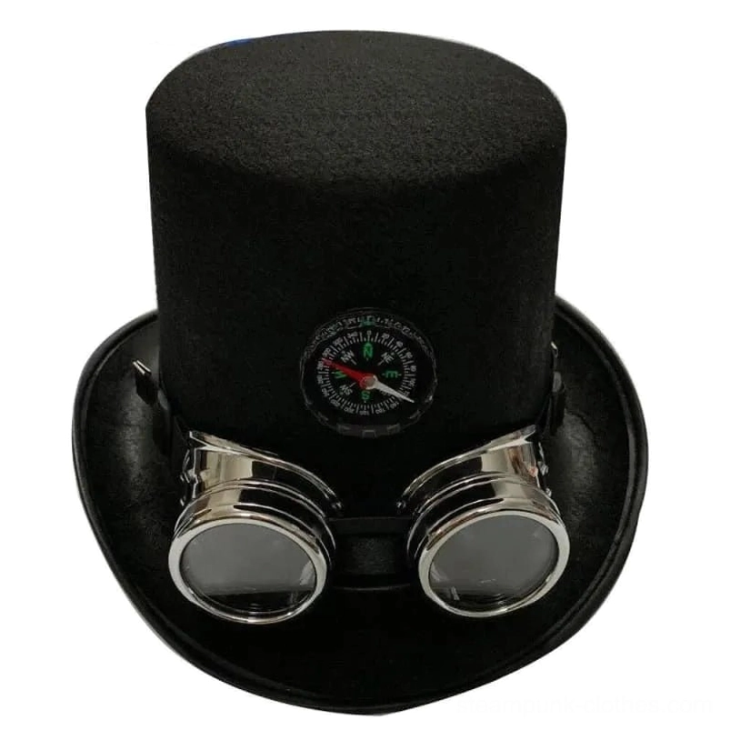 Steampunk aristocrat top hat direct front view showing silver goggles and compass decoration centered
