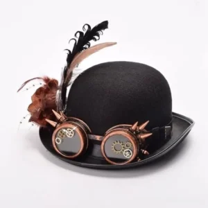 Front view of steampunk feather hat featuring spiked copper goggles, brown floral ornaments, and layered feather adornments