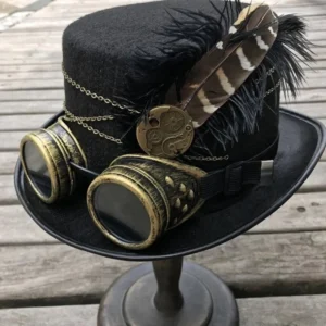 Steampunk top hat with attached brass goggles front view, striped feathers and black fur trim, layered metal chains detail