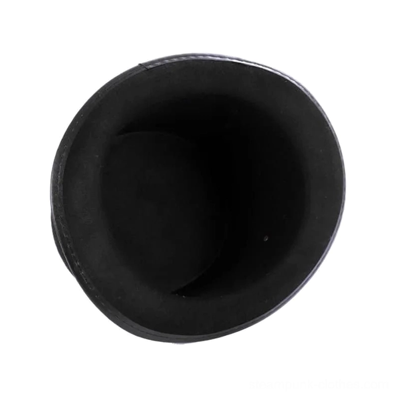 Interior top-down view of steampunk preacher hat revealing smooth black lining and curved brim construction