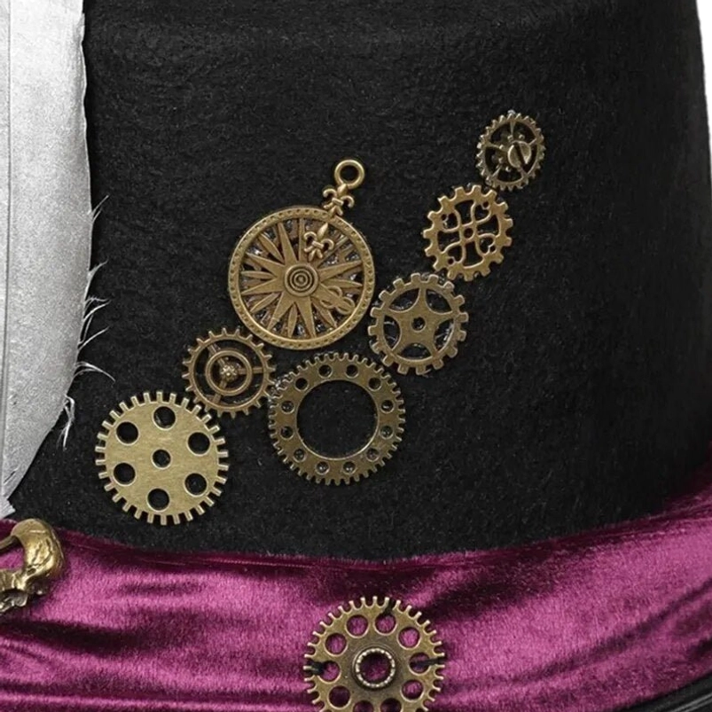 Left-side close-up view of steampunk top hat highlighting layered vintage brass gears, purple velvet trim, and white feather accent