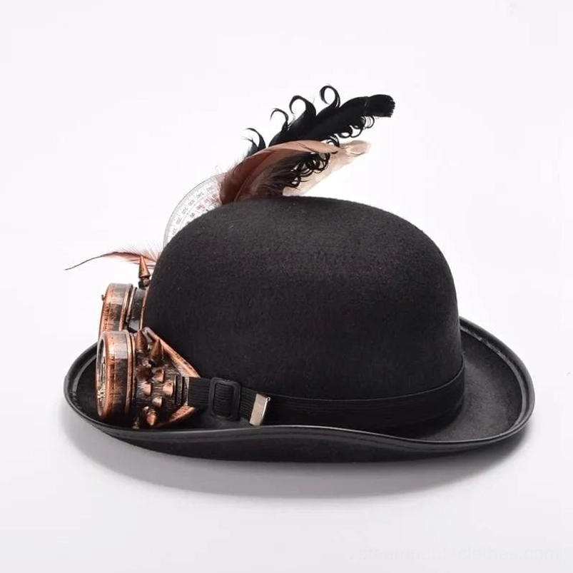 Left side view of steampunk hat with copper spiked gear goggles and small feather cluster accent