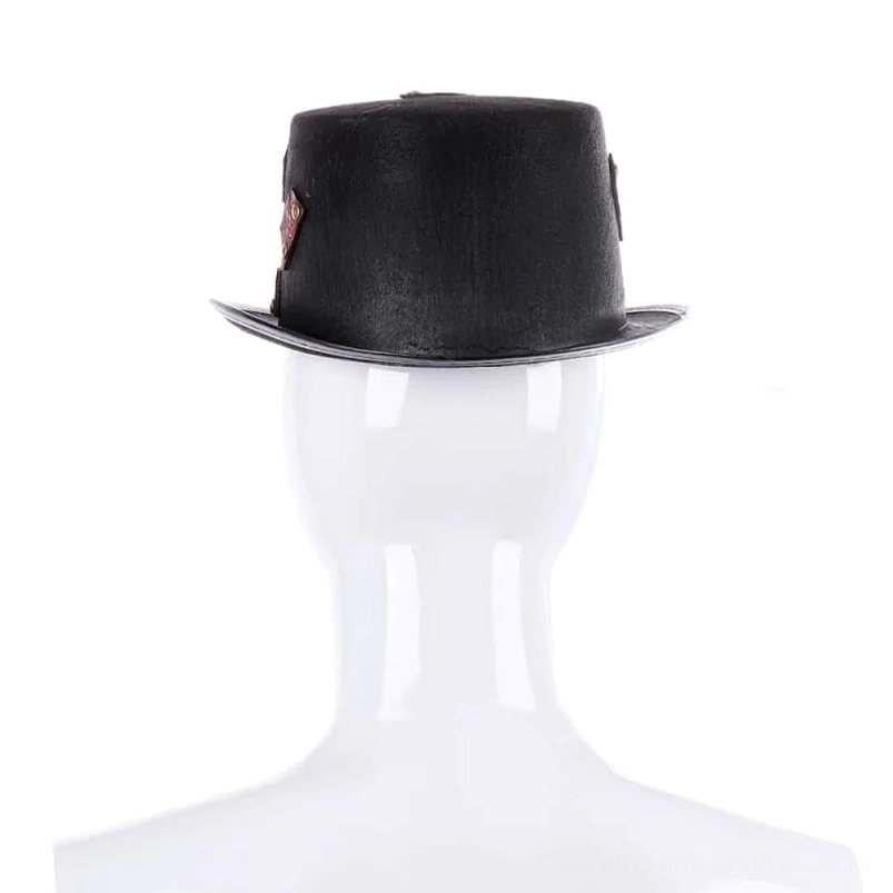 Steampunk top hat rear view on mannequin showing plain black surface and side leather patches