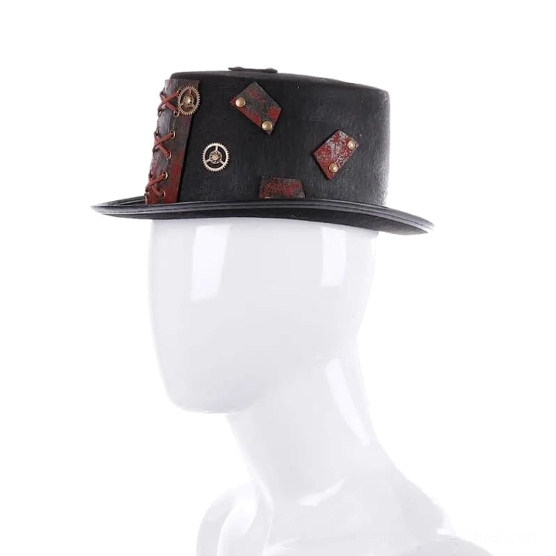 Steampunk top hat worn on mannequin right side profile displaying vintage gear and leather decorations