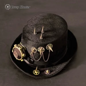 Black steampunk hat with metal spikes and brass gear charms, top-front three-quarter perspective showing crown detail