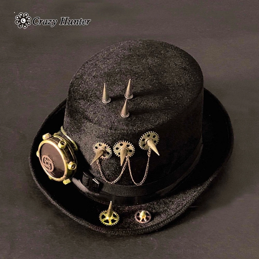 Black steampunk hat with metal spikes and brass gear charms, top-front three-quarter perspective showing crown detail