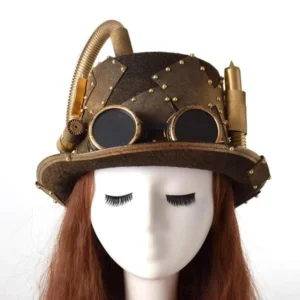 Steampunk hat worn on female mannequin, showing aviator goggles and bullet ornaments, straight front angle styling