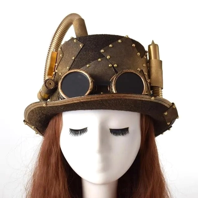 Steampunk hat worn on female mannequin, showing aviator goggles and bullet ornaments, straight front angle styling