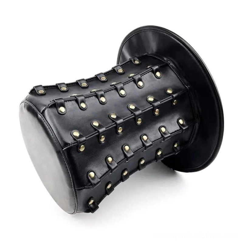 Steampunk tall hat side oblique angle showcasing visible rivet details and tilted display perspective