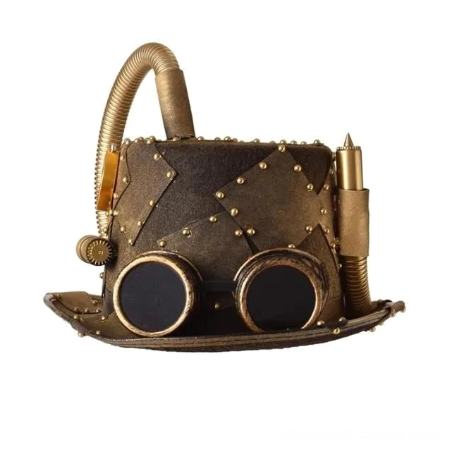 Steampunk top hat side profile view displaying riveted patches, detachable goggles and brass ornamentation details