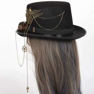 Steampunk Victorian top hat side rear view with hanging mechanical gear and key-shaped trinkets - removable goggle design