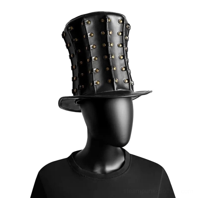 Steampunk top hat right side view displaying staggered rivet strap industrial design elements