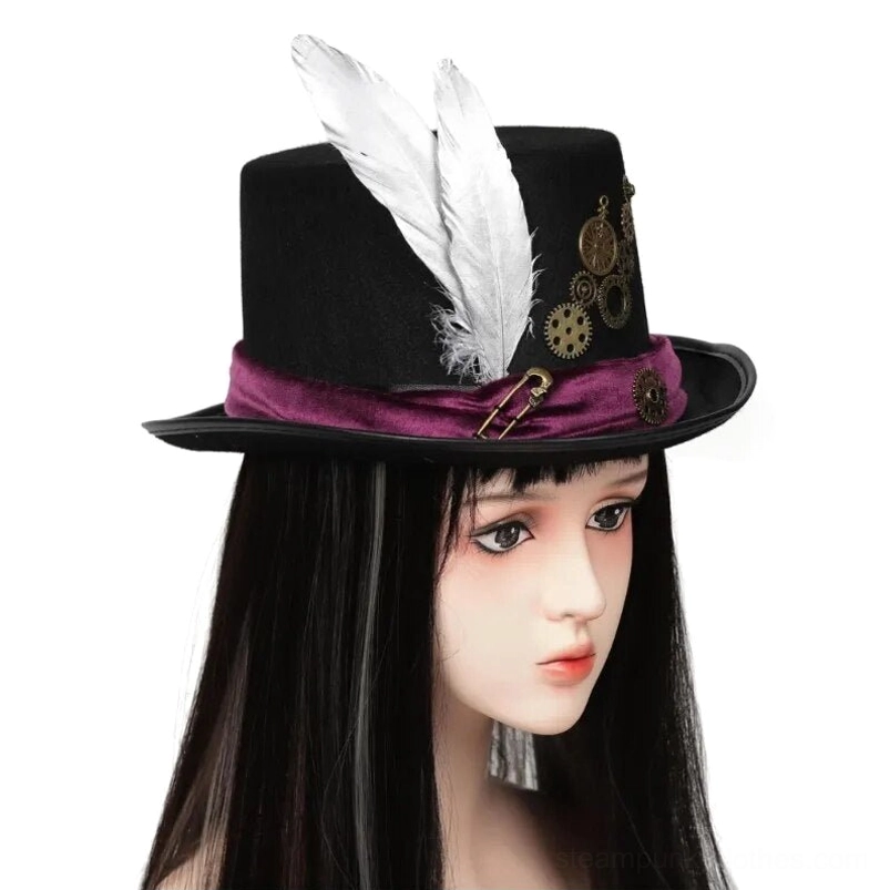 Women's steampunk top hat worn on mannequin with long black hair, featuring purple velvet hat band, brass gear decorations, and white feather details - front view