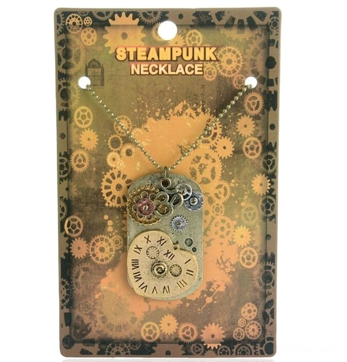 Steampunk heart clock pendant necklace with aged bronze finish and intricate gear design displayed in retail packaging