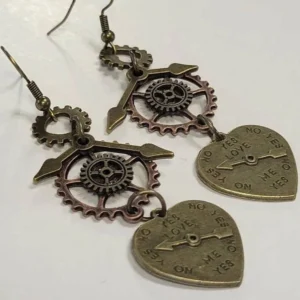 Antique bronze mechanical heart steampunk earrings with engraved love text and gear charms