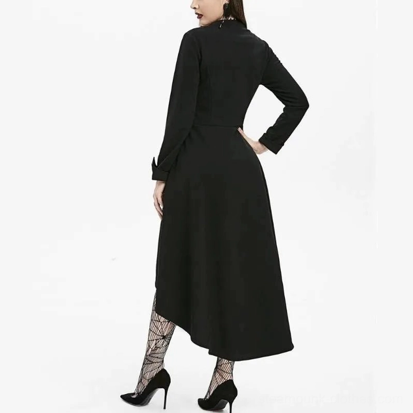 Steampunk coat back view displaying fitted long sleeves and asymmetric hem design