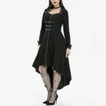 Black steampunk high-low coat front view on model - featuring central zipper, waist buckles, and studded neckline