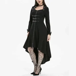 Black steampunk high-low coat front view on model - featuring central zipper, waist buckles, and studded neckline