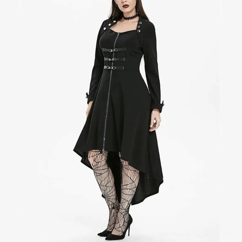 Black steampunk high-low coat front view on model - featuring central zipper, waist buckles, and studded neckline