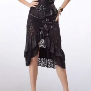 Steampunk high-low skirt with leather and lace construction, buckled front detail, split ruffled hem, studio white background front view