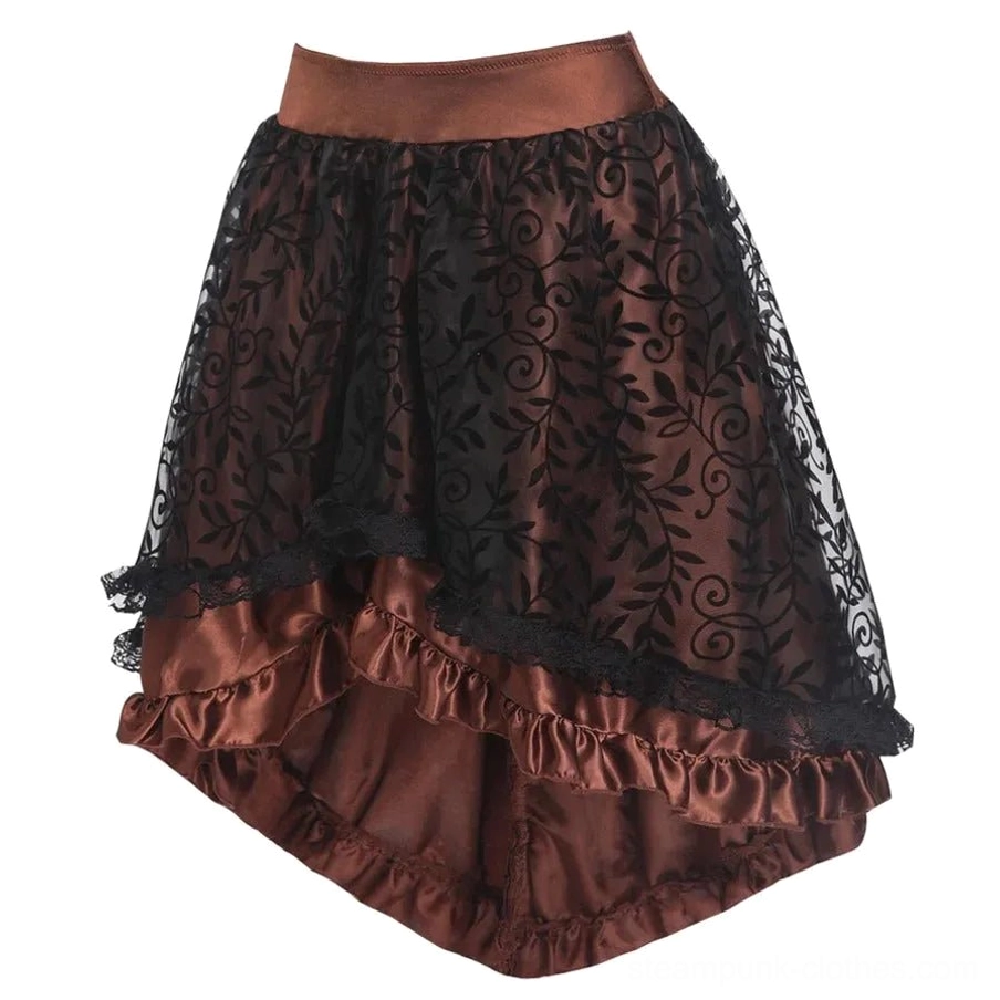 Steampunk High-Low Skirt with Floral Mesh Overlay - Satin Ruffled Hem and Brown-Black Color Matching for Victorian Time Traveler Aesthetic