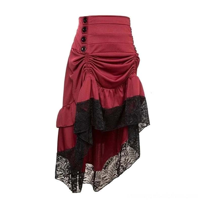 Deep wine red western steampunk skirt with layered ruffled hem, black lace edging, ruched front detail - product flat view
