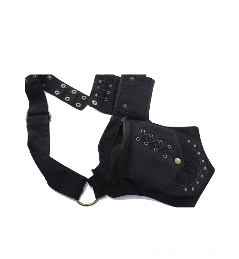 Steampunk crossbody canvas hip bag with adjustable strap and reinforced metal D-ring attachment points, rear flat lay view