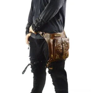 Thigh-mounted steampunk holster bag full rear view with adjustable leg fastening straps, displaying decorative metal studs and embossed leather craftsmanship