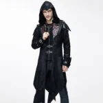 Black steampunk hooded coat front view with red embroidered collar, jacquard weave fabric, asymmetric tail hem, and metal buckle details on male model