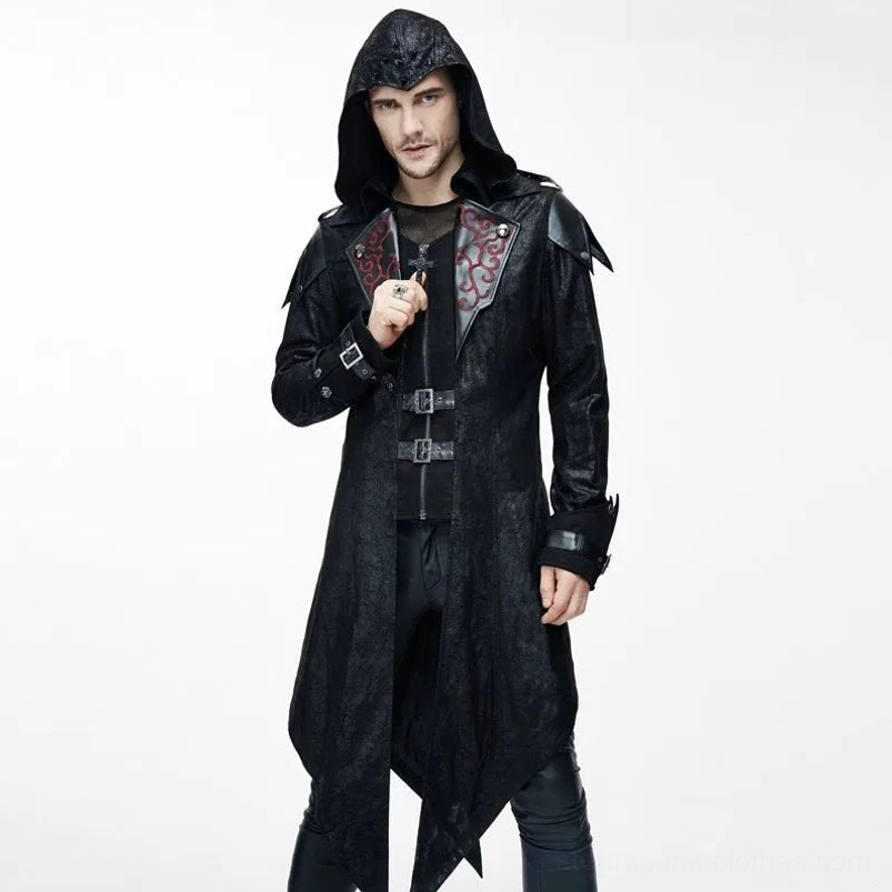 Black steampunk hooded coat front view with red embroidered collar, jacquard weave fabric, asymmetric tail hem, and metal buckle details on male model
