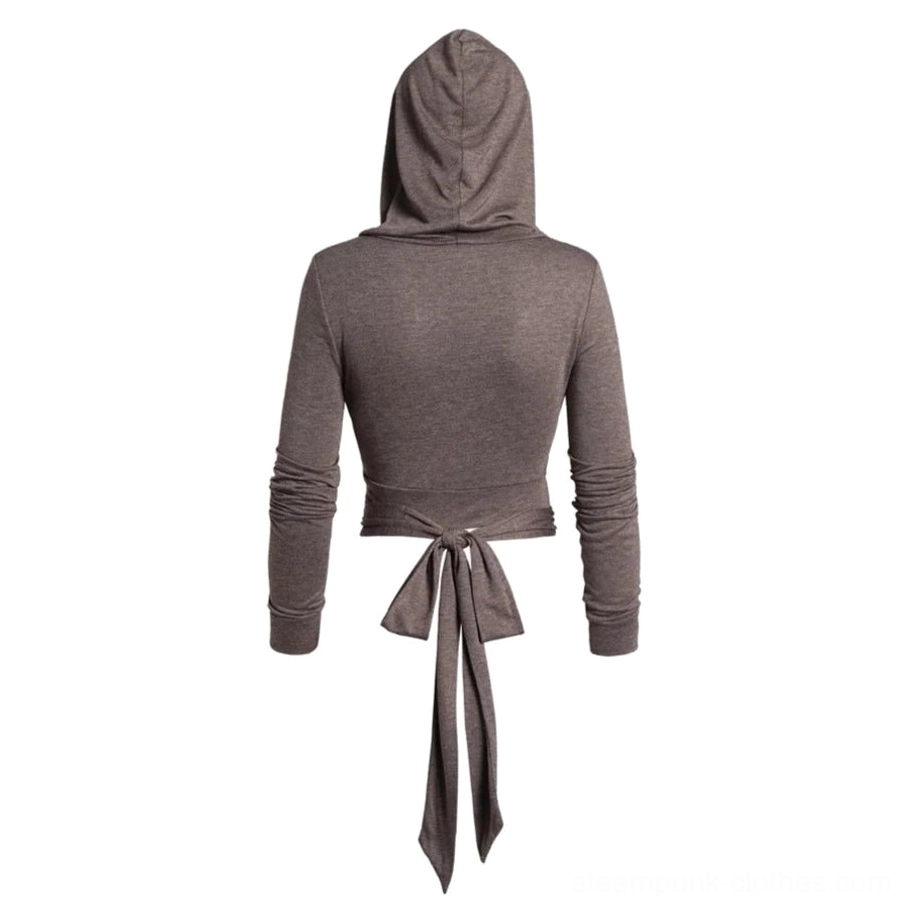 Back view of hooded steampunk top featuring waist self-tie detail and slim-fit silhouette