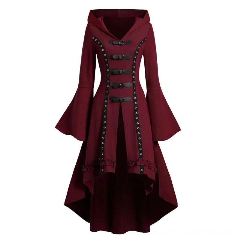 Burgundy steampunk hooded jacket front open view featuring eyelet trim, buckle fasteners, and dramatic bell sleeves