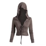 Hooded lace-up crop top front view with adjustable corset-style lacing and cropped hem in heathered brown knit
