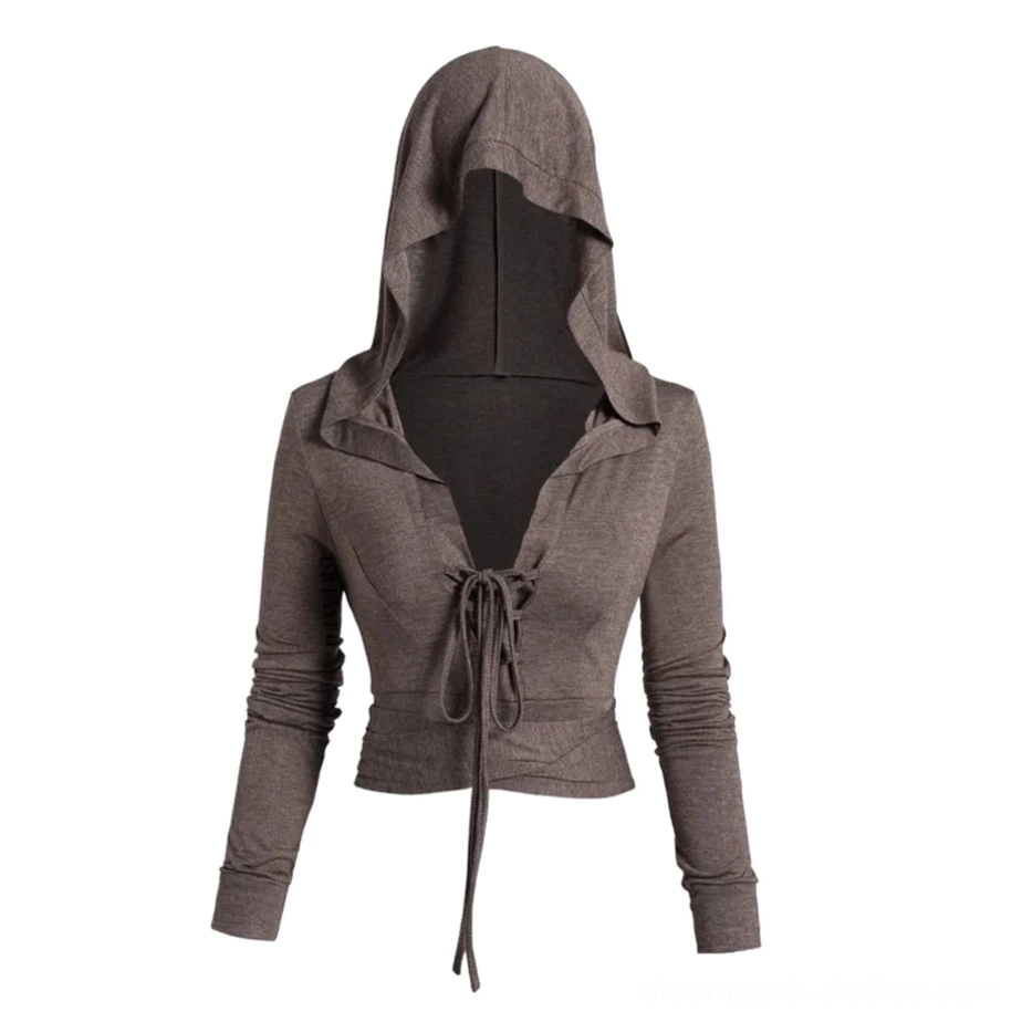 Hooded lace-up crop top front view with adjustable corset-style lacing and cropped hem in heathered brown knit